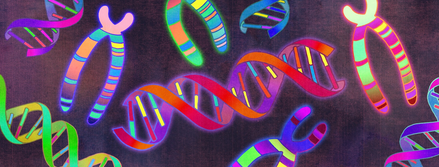 Colorful genes and DNA strands floating together