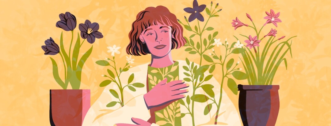 A woman holding her hand over her heart, surrounded by plants and flowers
