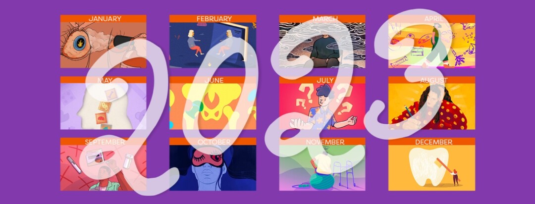 A calendar year of articles and images with 2023 superimposed on top