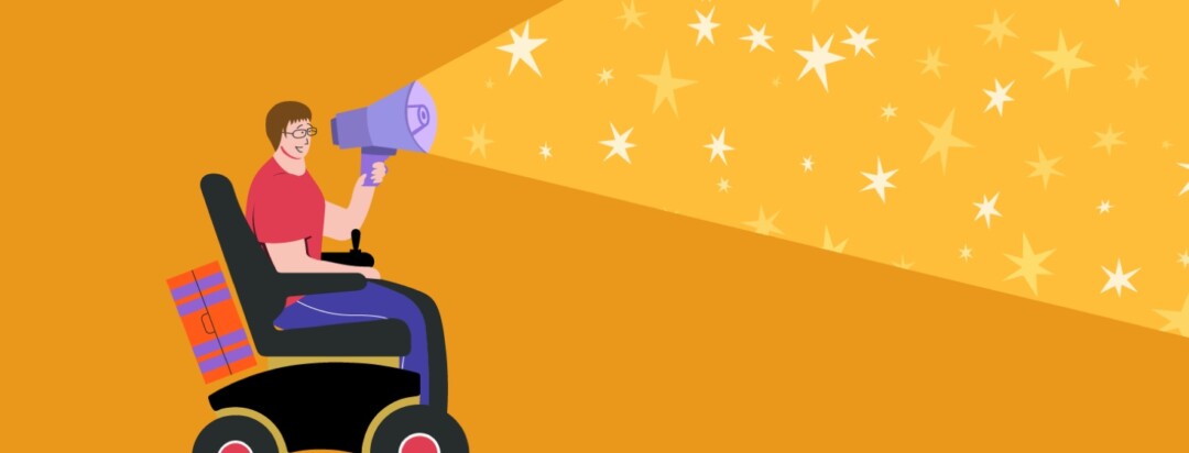 A woman in a motorized wheelchair holds up a megaphone with stars coming out of it