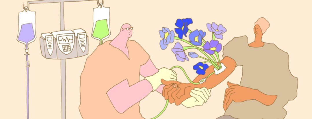 A woman gets an IV infusion with assistance from a nurse and flowers grow and bloom at the contact site