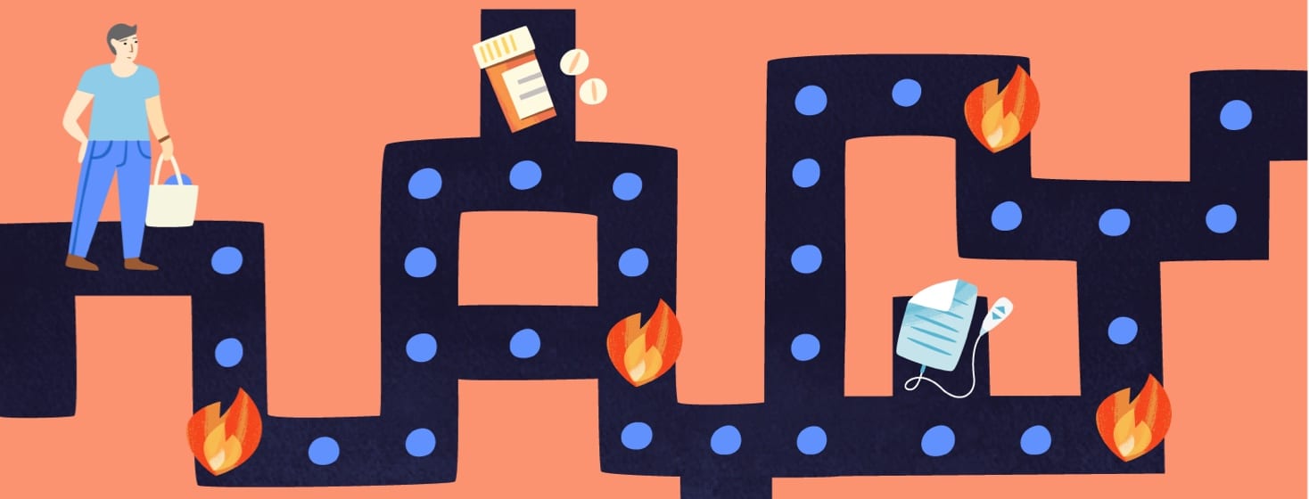 Man navigating a video game-like path to collect medication and avoid flares