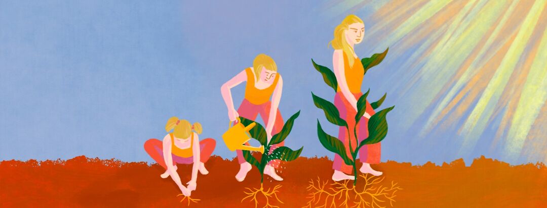 Woman shown changing from a child planting a seed in the dirt, to an adolescent watering the plant, to an adult standing in a tall plant