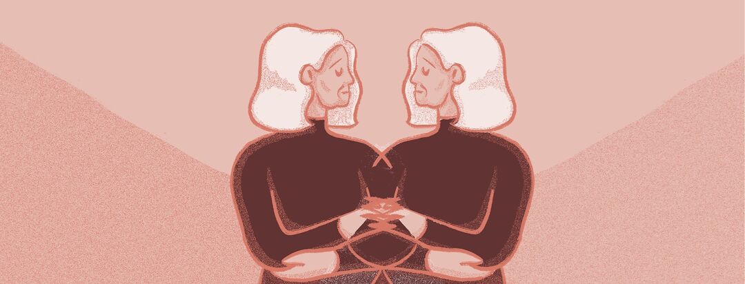 Mirror image of the same woman supporting each other with their arms