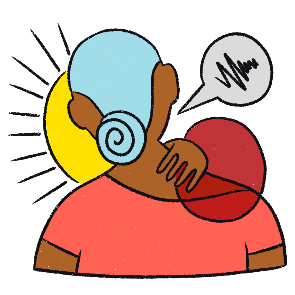 A woman with her hand on her shoulder a frustrated speech bubble and the sun are around her