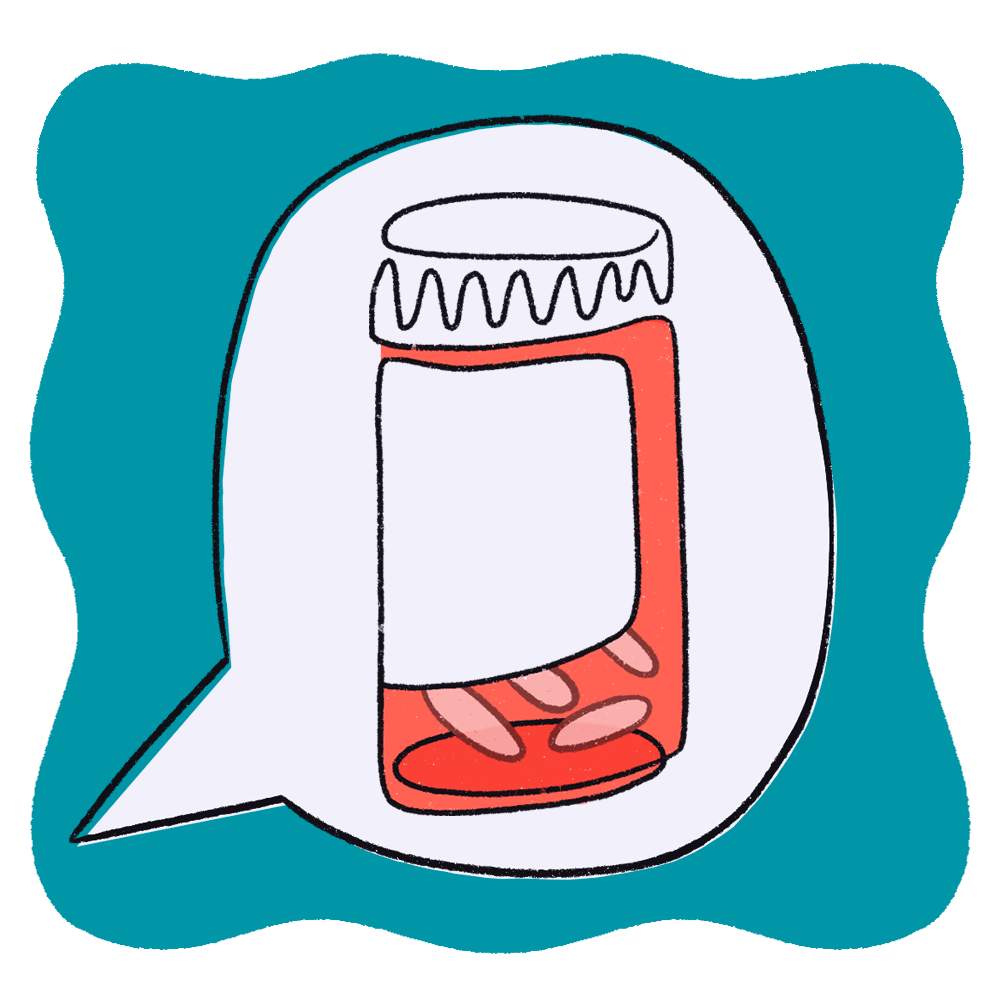 A pill bottle inside a speech bubble