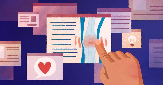 An illustration of a person's hand pointing at several digital browser windows floating against a dark blue background. The central window displays an anatomical diagram of a joint with red wavy lines indicating inflammation, while other surrounding windows show text snippets, a heart icon in a speech bubble, and a glowing lightbulb icon.